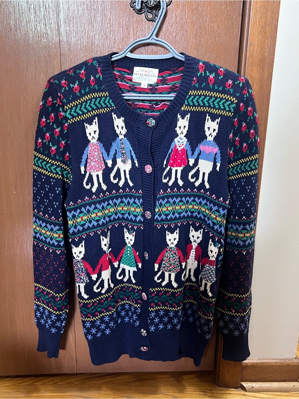 Vintage Susan Bristol Navy Cardigan Sweater with Multi-Color Cats